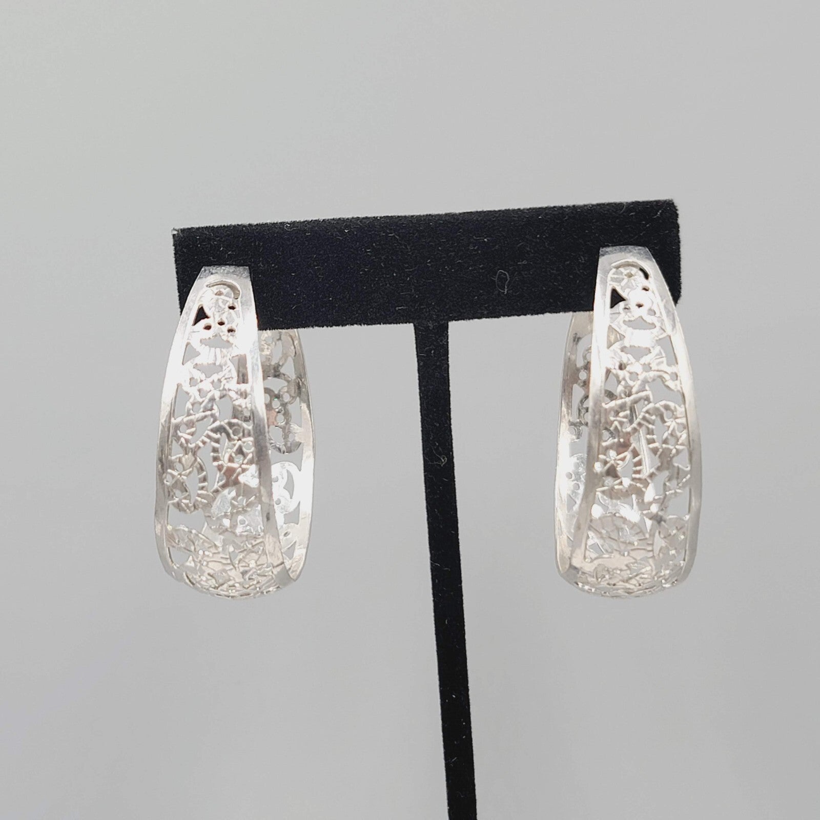 Filigree Hoop Pierced Earrings Drop Silver tone 1.75"