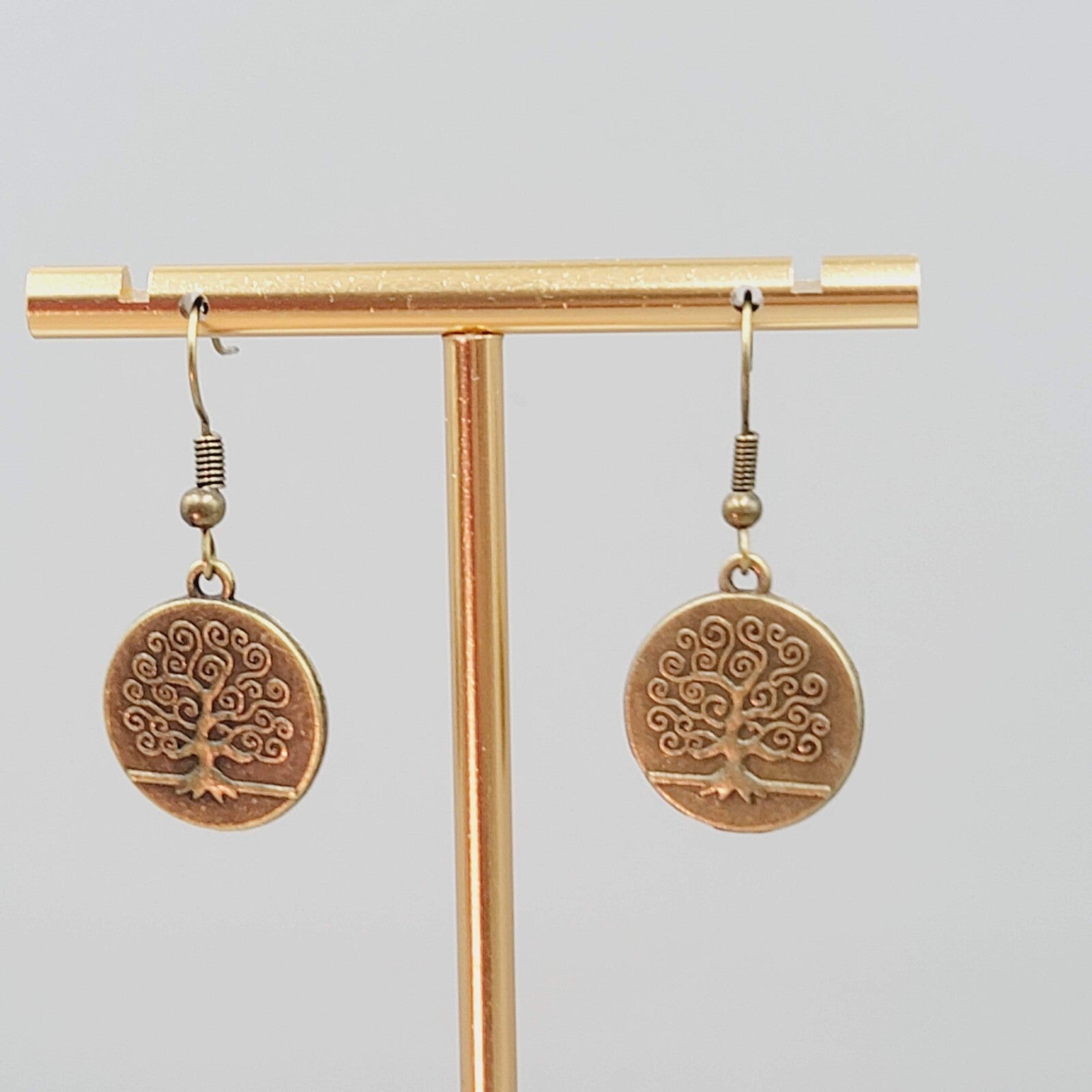 Round Tree Pierced Earrings Bronze tone Embossed Dangle 5/8"