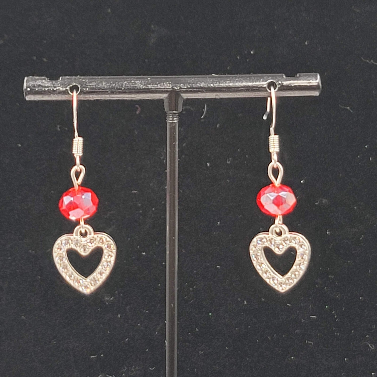 Heart Pierced Earrings Red Bead Silver tone Rhinestone Dangle 1 1/8"