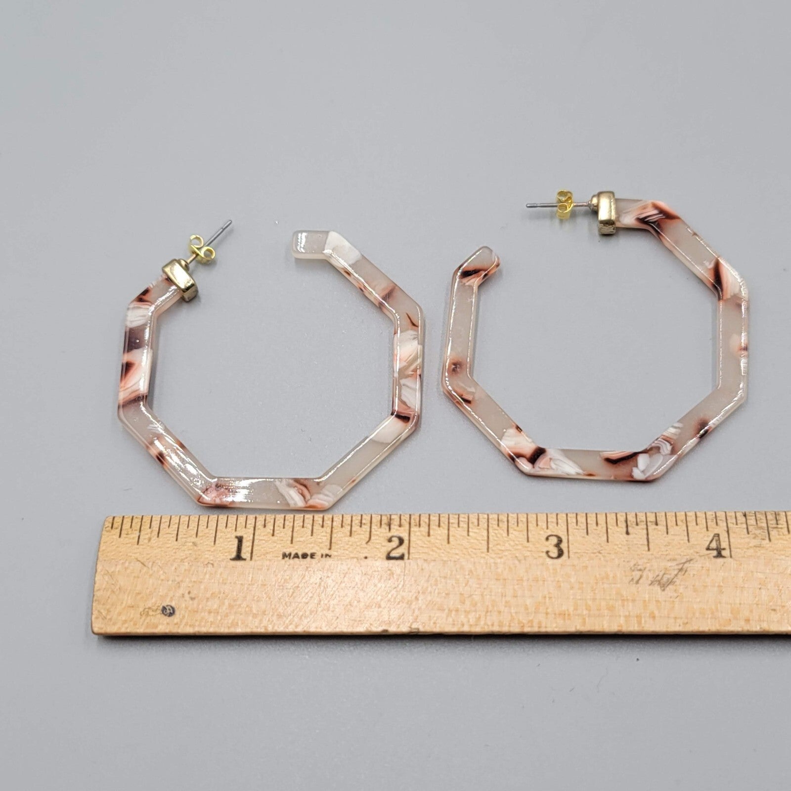 Resin Octagon Hoops Pierced Earrings Pink White Brown Swirl 2"