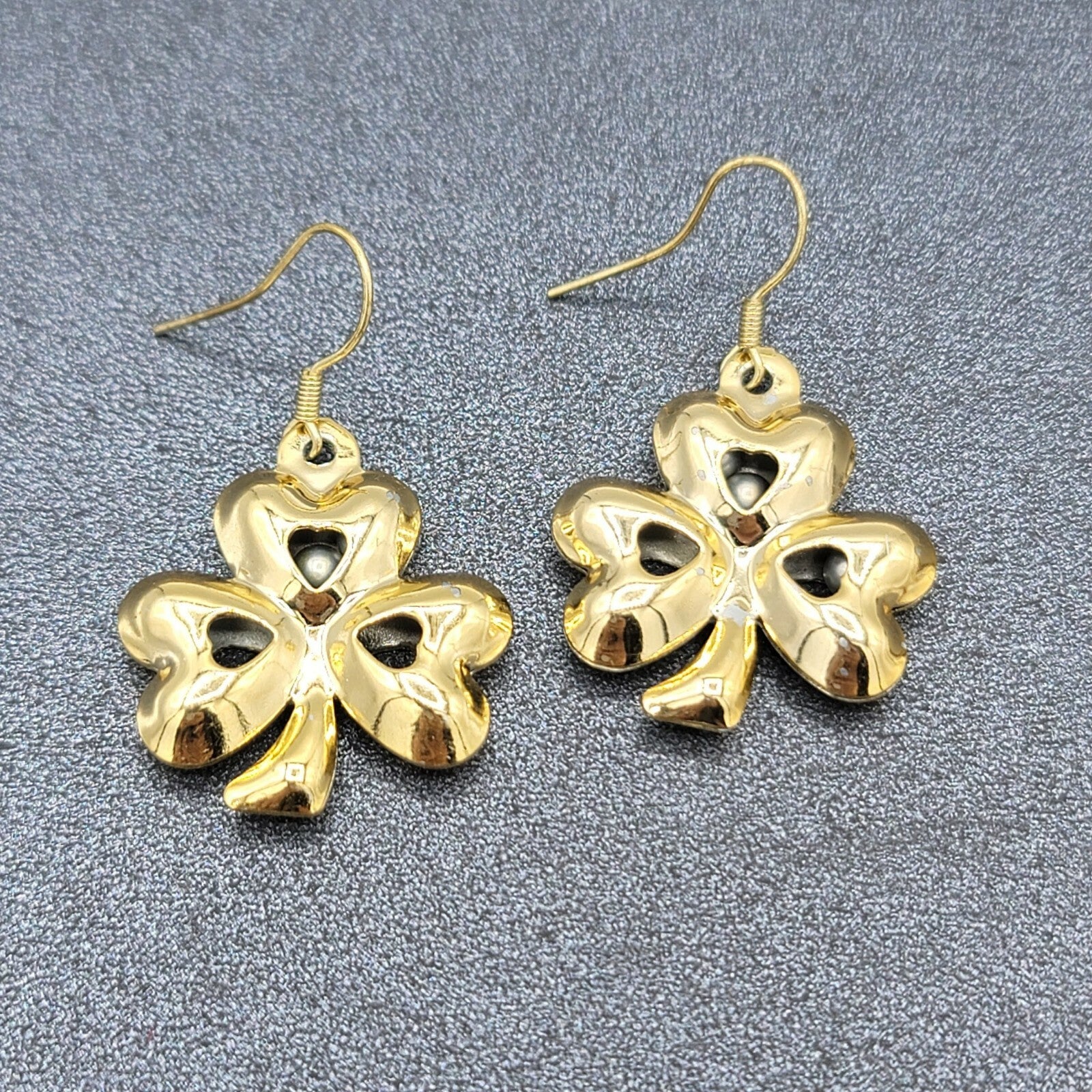 Clover Dangle Hook Dangle Pierced Earrings Jingle Bell Gold tone St Patricks Day