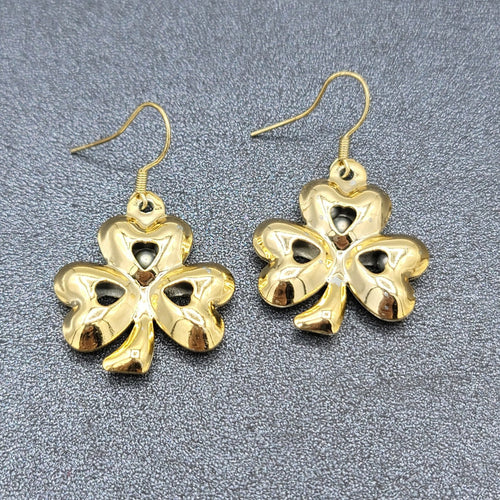 Clover Dangle Hook Dangle Pierced Earrings Jingle Bell Gold tone St Patricks Day