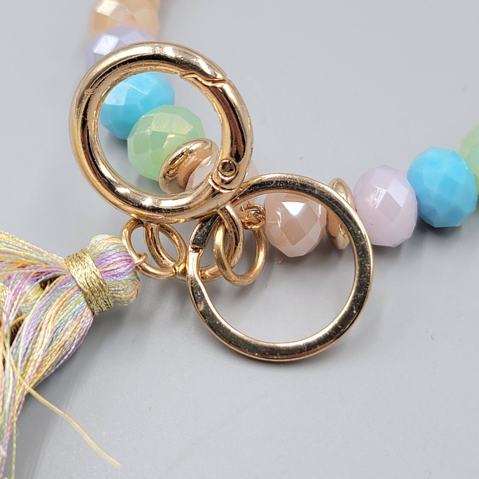 Pastel Color Faceted Glass Bead Bangle Bracelet Wristlet Key Rings Keychain