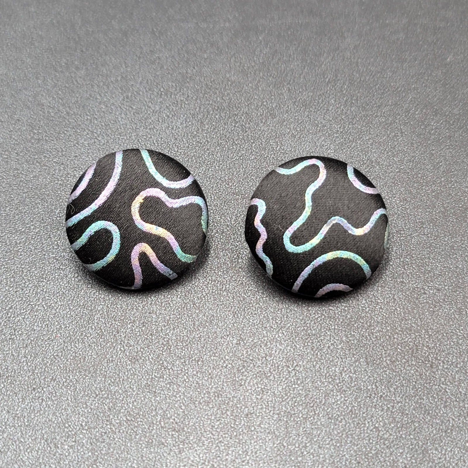 Vintage Pierced Earrings Black Satin Multicolor Lines Statement Round 80s 1"