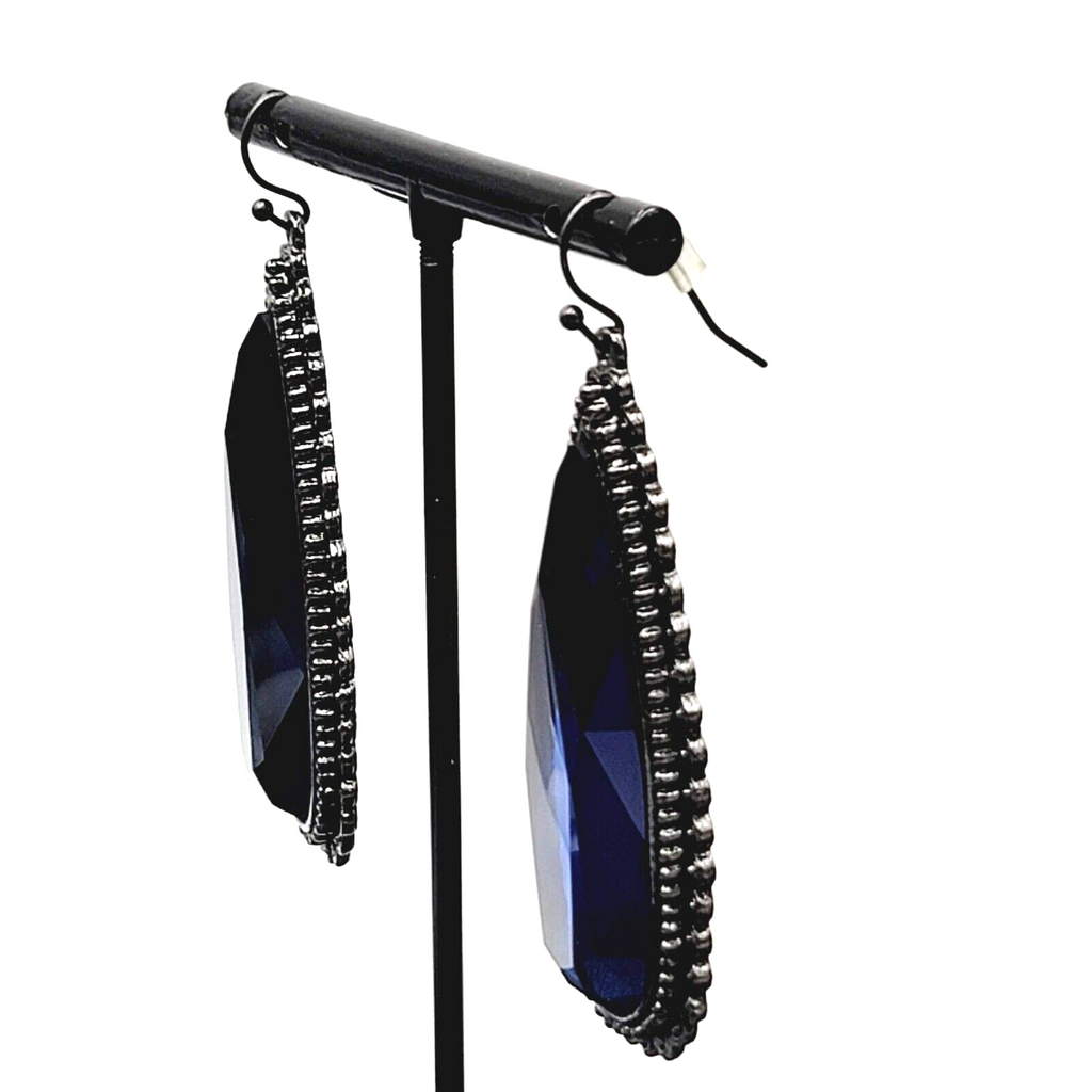 Pierced Earrings Black Metal Large Blue Glass Faceted Teardrop Gothic 2 1/8"