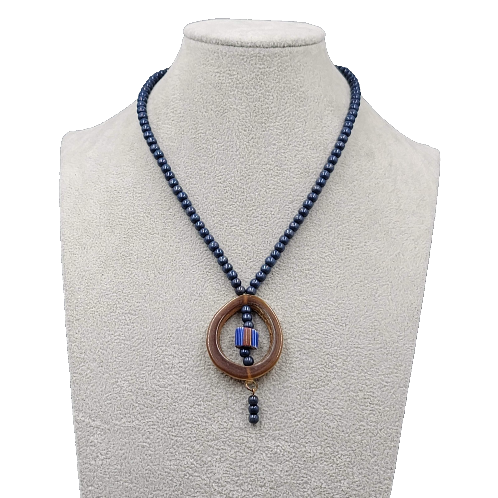 Vintage Artisan Necklace Blue Bead Cow Horn Ring 16 in