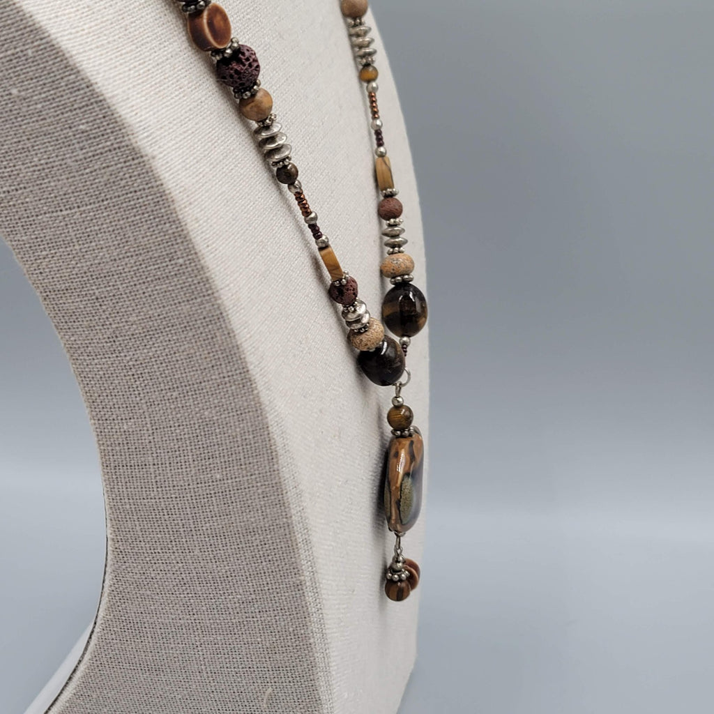 Boho Brown Pottery and Glass Bead Necklace Silver tone 20"