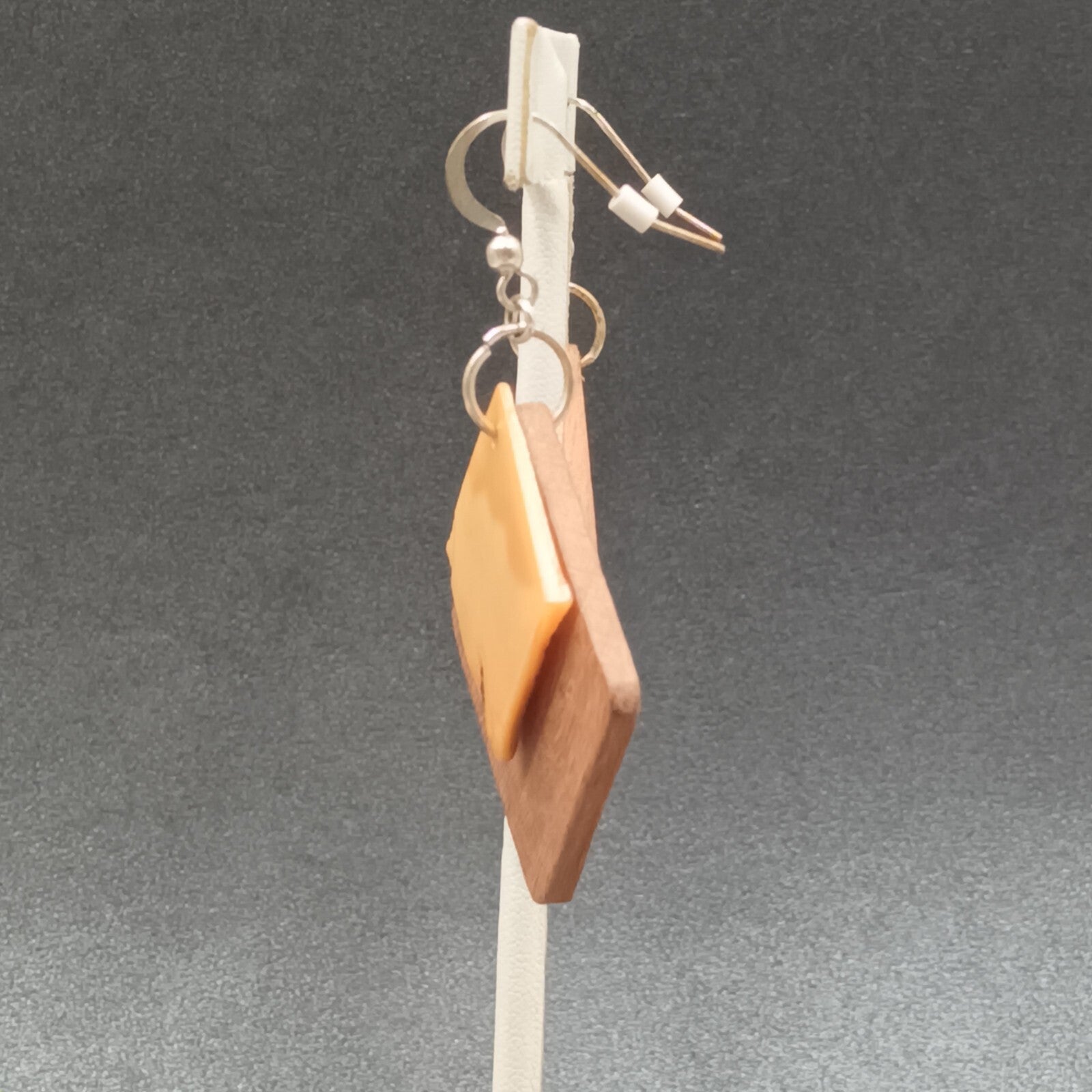 Pierced Earrings Wood Shell Square Geometric Silver tone Hook Dangle 1 3/4"