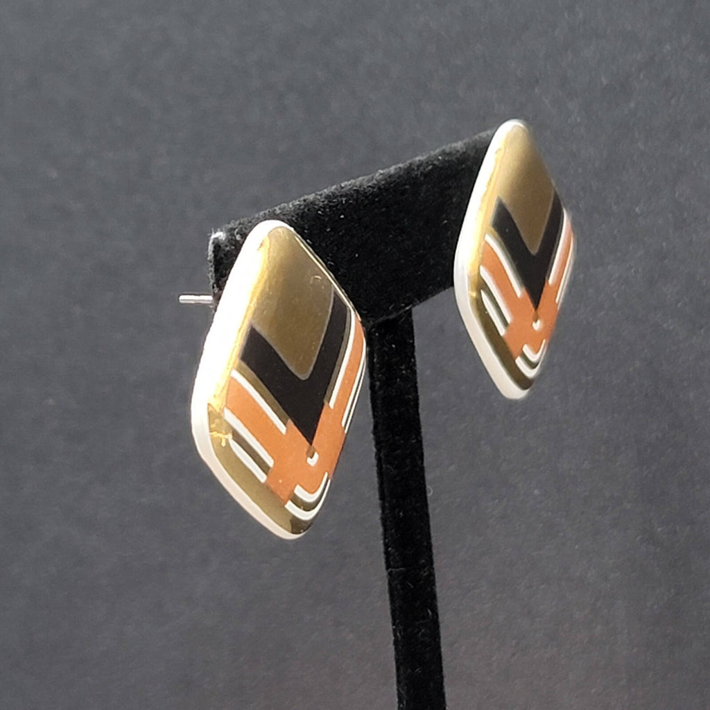 Vintage Pierced Earrings Ceramic Gold Black Brown Painted Square Drop 1"
