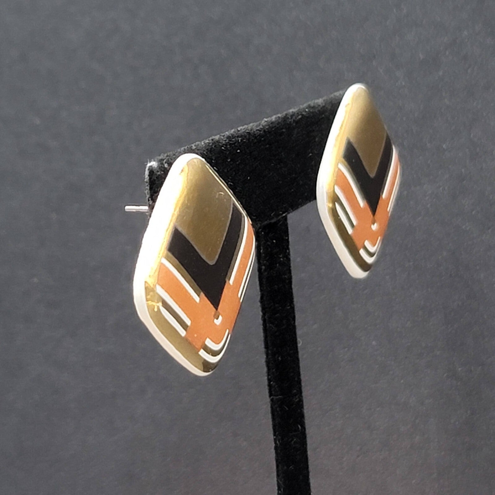 Vintage Pierced Earrings Ceramic Gold Black Brown Painted Square Drop 1"