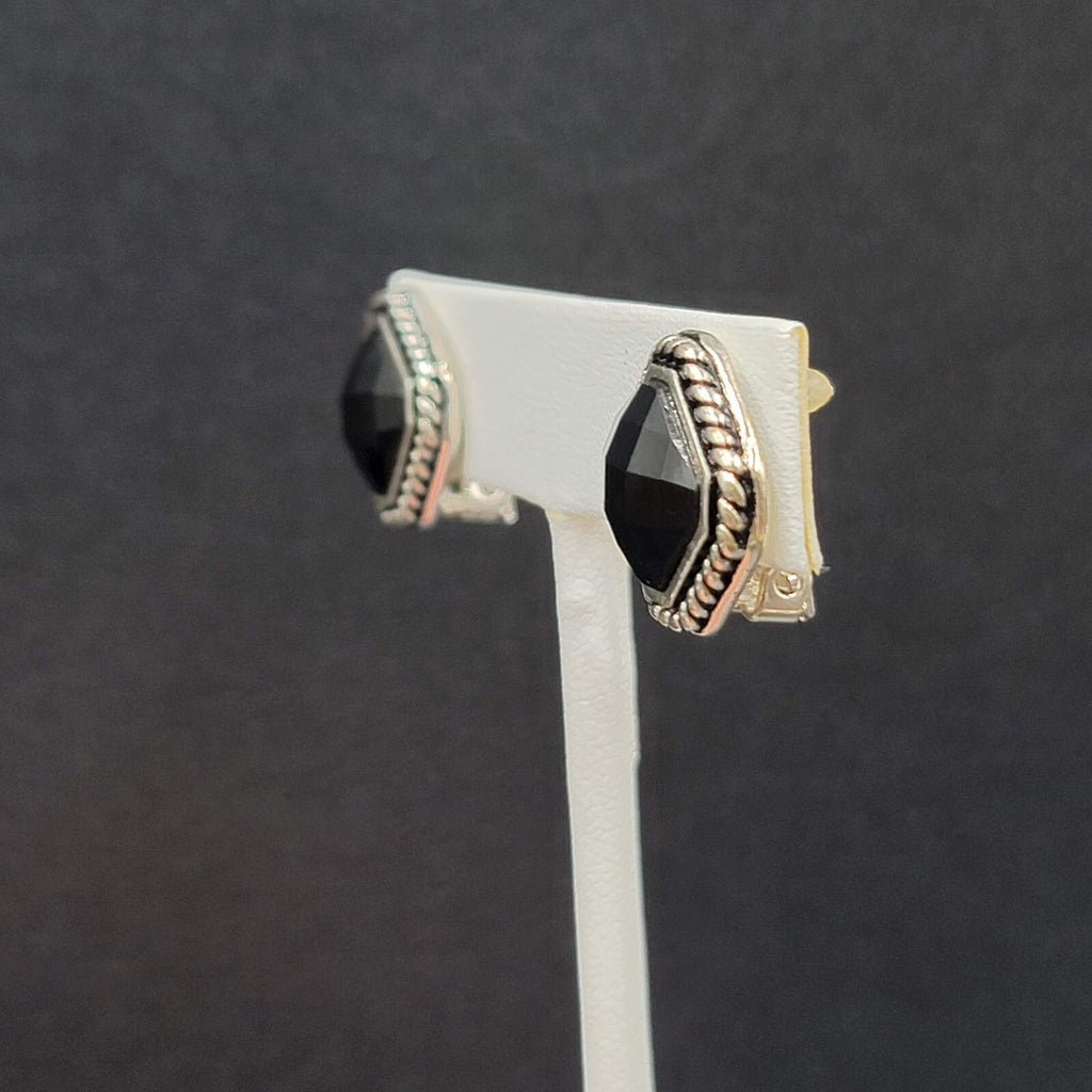 Clip on Earrings Silver tone Black Faceted Square Studs 5/8"