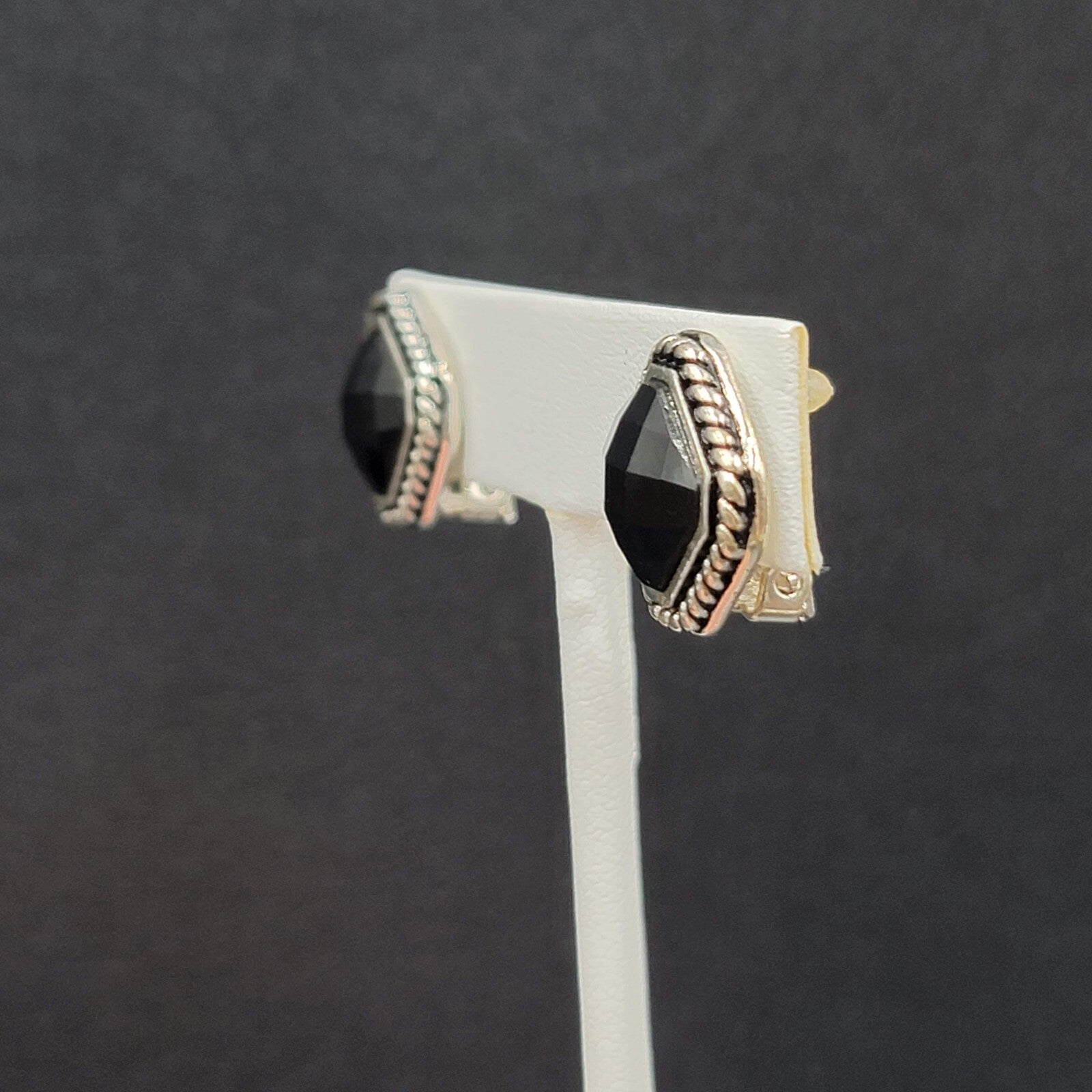Clip on Earrings Silver tone Black Faceted Square Studs 5/8"