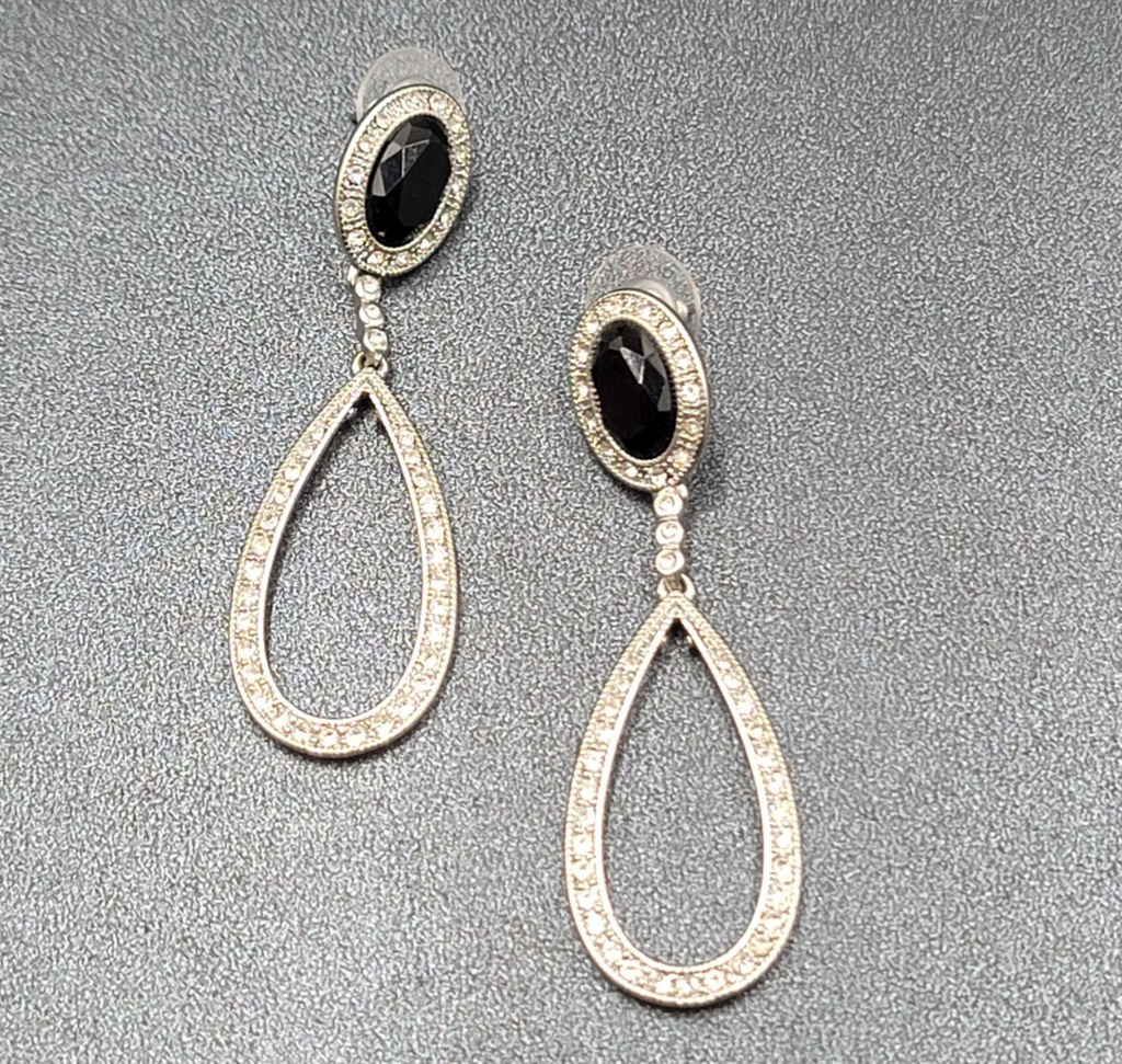 Pierced Earrings Silver tone Black Accent Crystal Rhinestones Dangle 2.5"