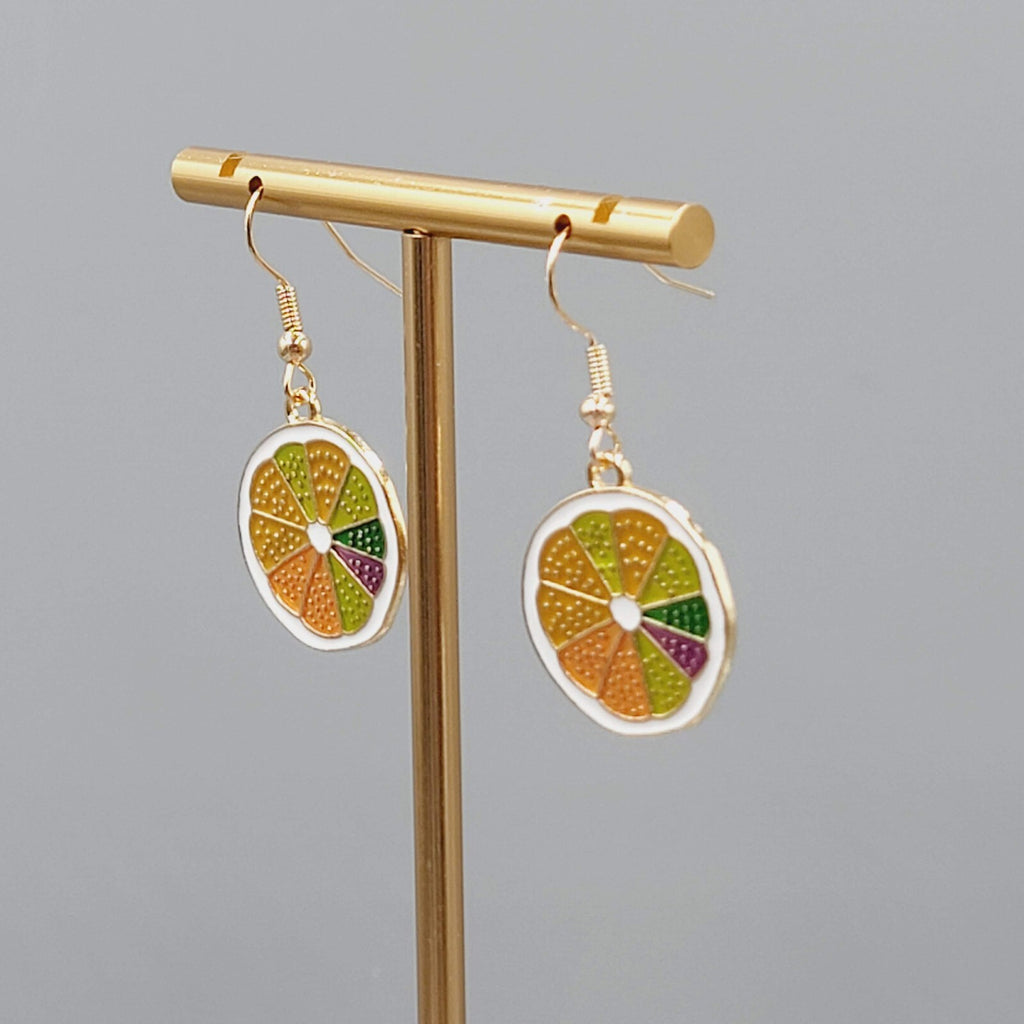 Citrus Fruit Slice Enamel Pierced Earrings Gold tone Dangle 3/4"
