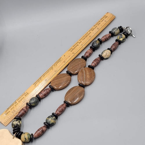 Elephant Pendant Necklace Mixed Stone Beads Toggle Clasp 24 in African Motif