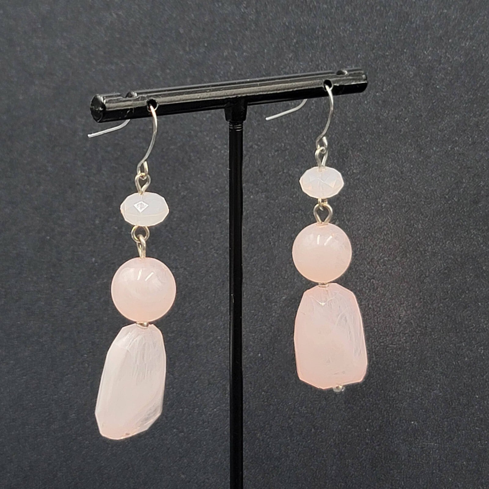 Pierced Earrings Silver tone Acrylic Marbled Pink Beads Dangle 2"