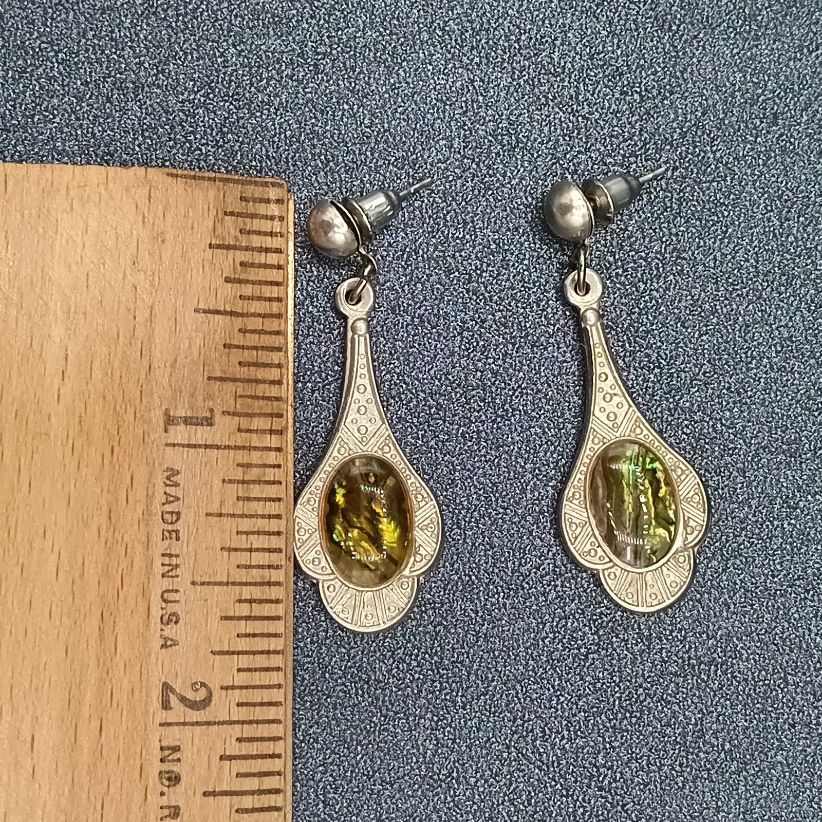 Vintage Pierced Earrings Silver tone Faux Abalone Dangle 1.75"