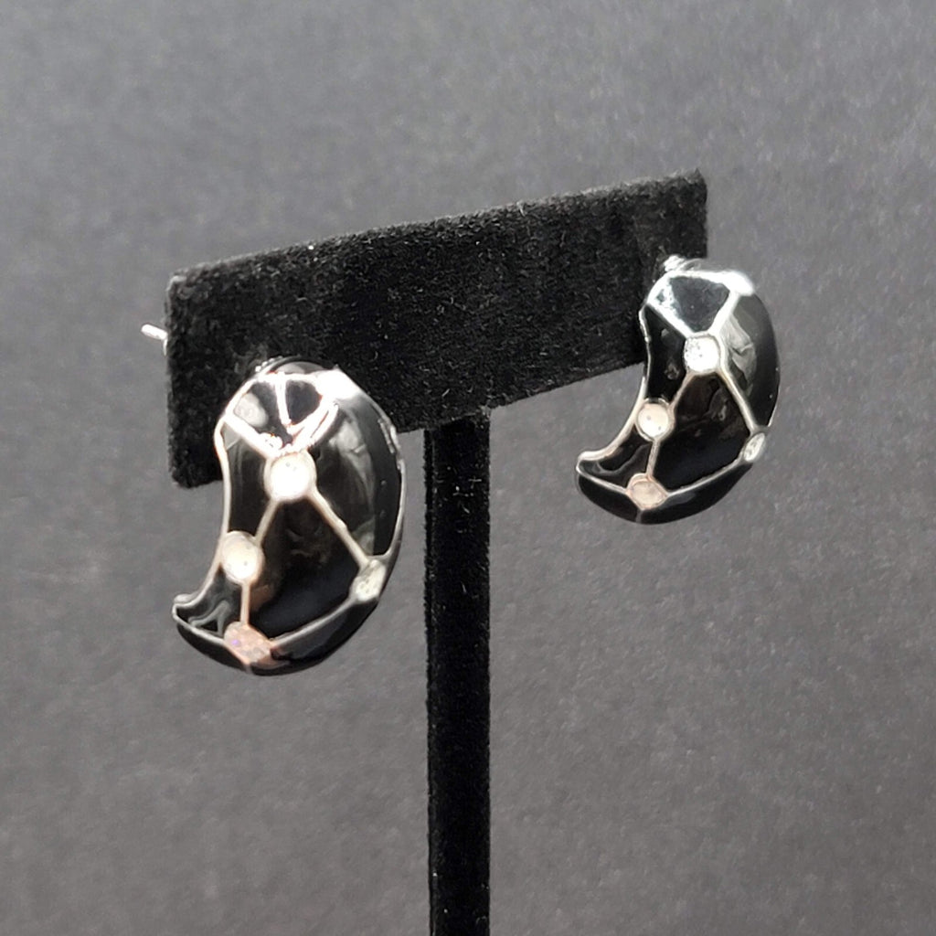Vintage Pierced Earrings Black Enamel White Glitter Dots Half Hoops 7/8"