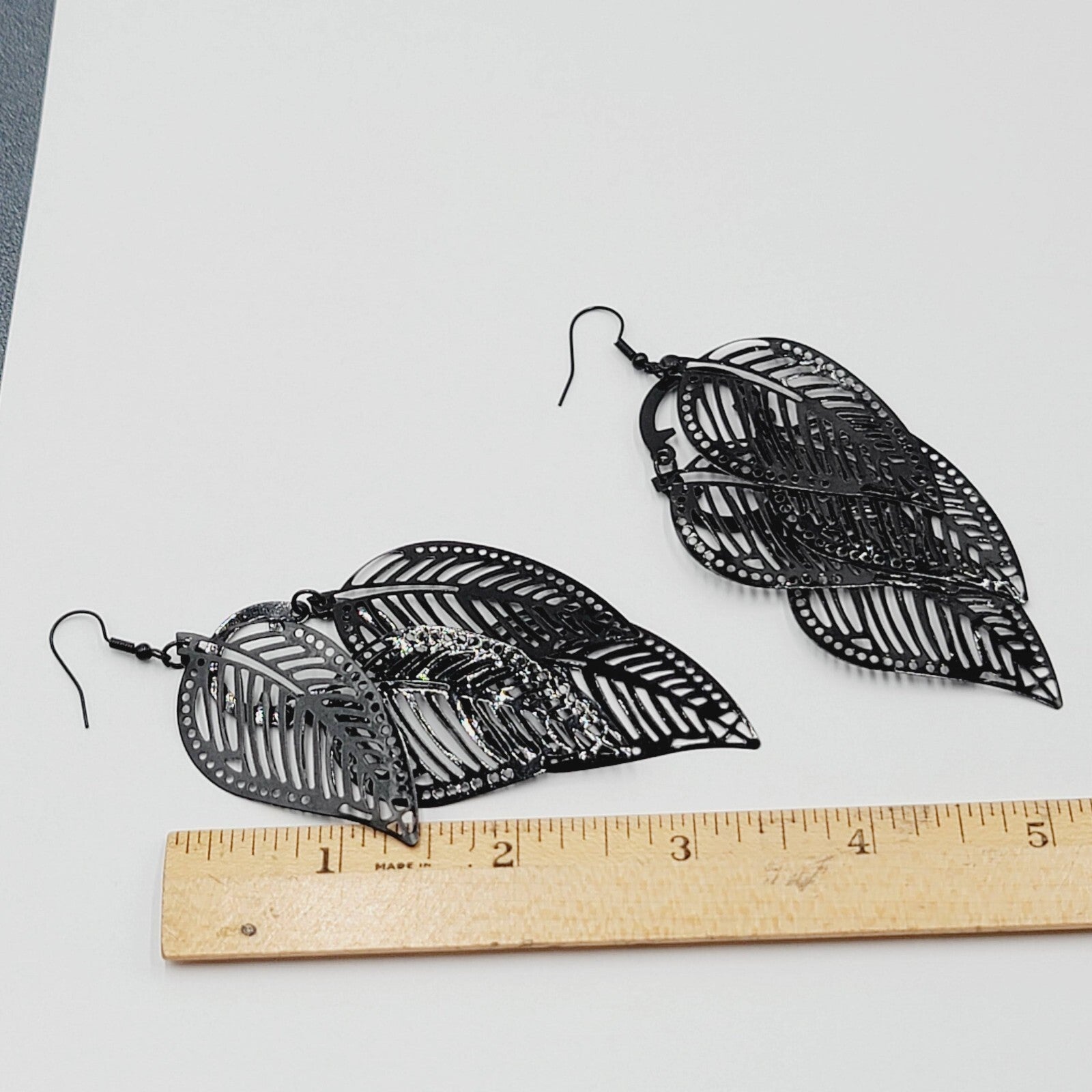 Large Statement Pierced Earrings Black Enamel Leaf Chandelier Dangle 3.5"