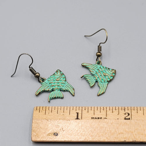 Angelfish Beach Sea life Pierced Earrings Bronze tone Green wash Dangle 3/4"