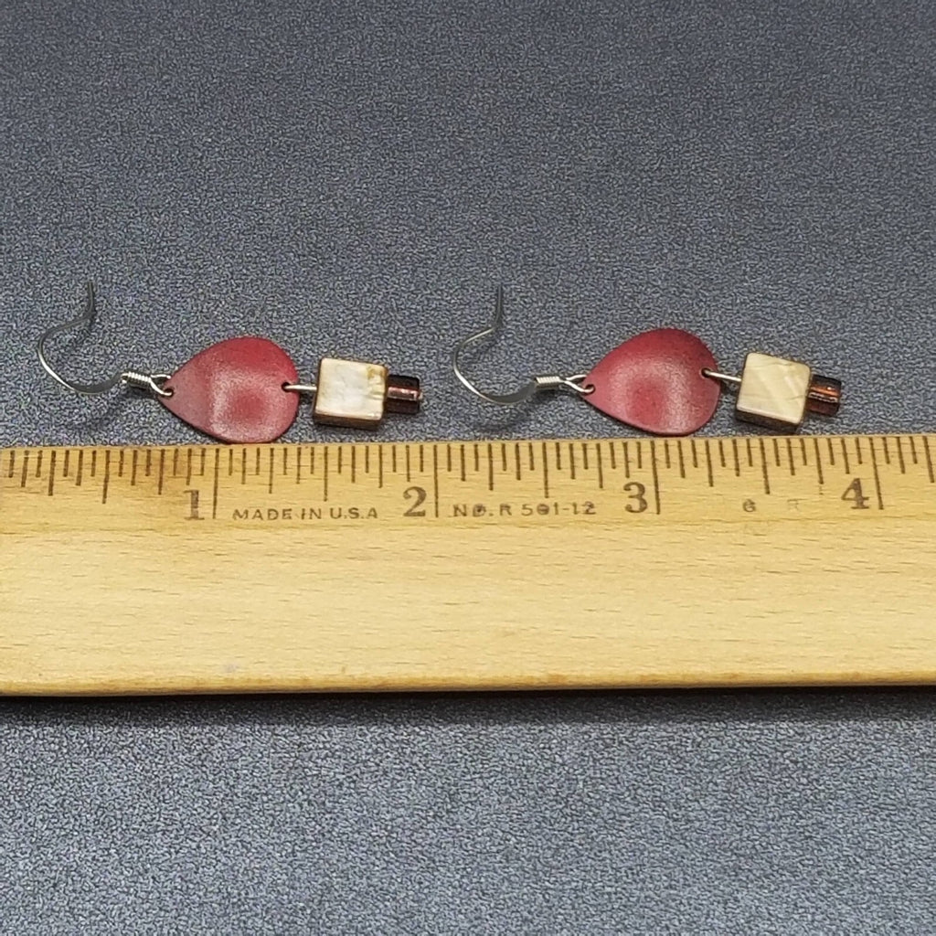 Pierced Earrings Red Enamel Shell Statement Dangle 3/8"