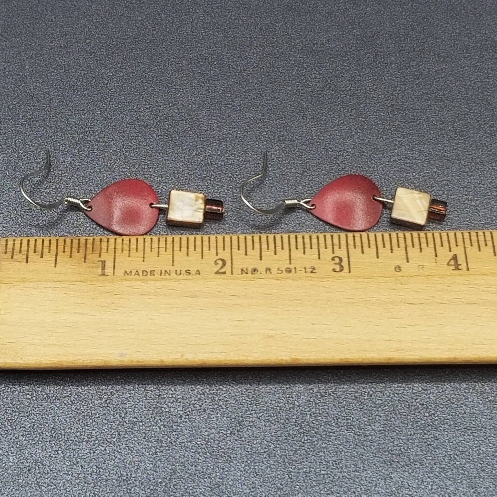 Pierced Earrings Red Enamel Shell Statement Dangle 3/8"