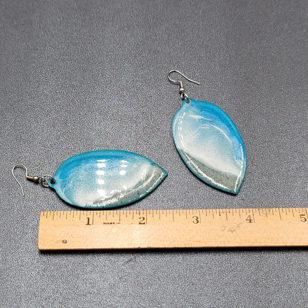 Pierced Earrings Silver tone Resin on Wood Ocean Beach Scene Large Dangle 2.5"