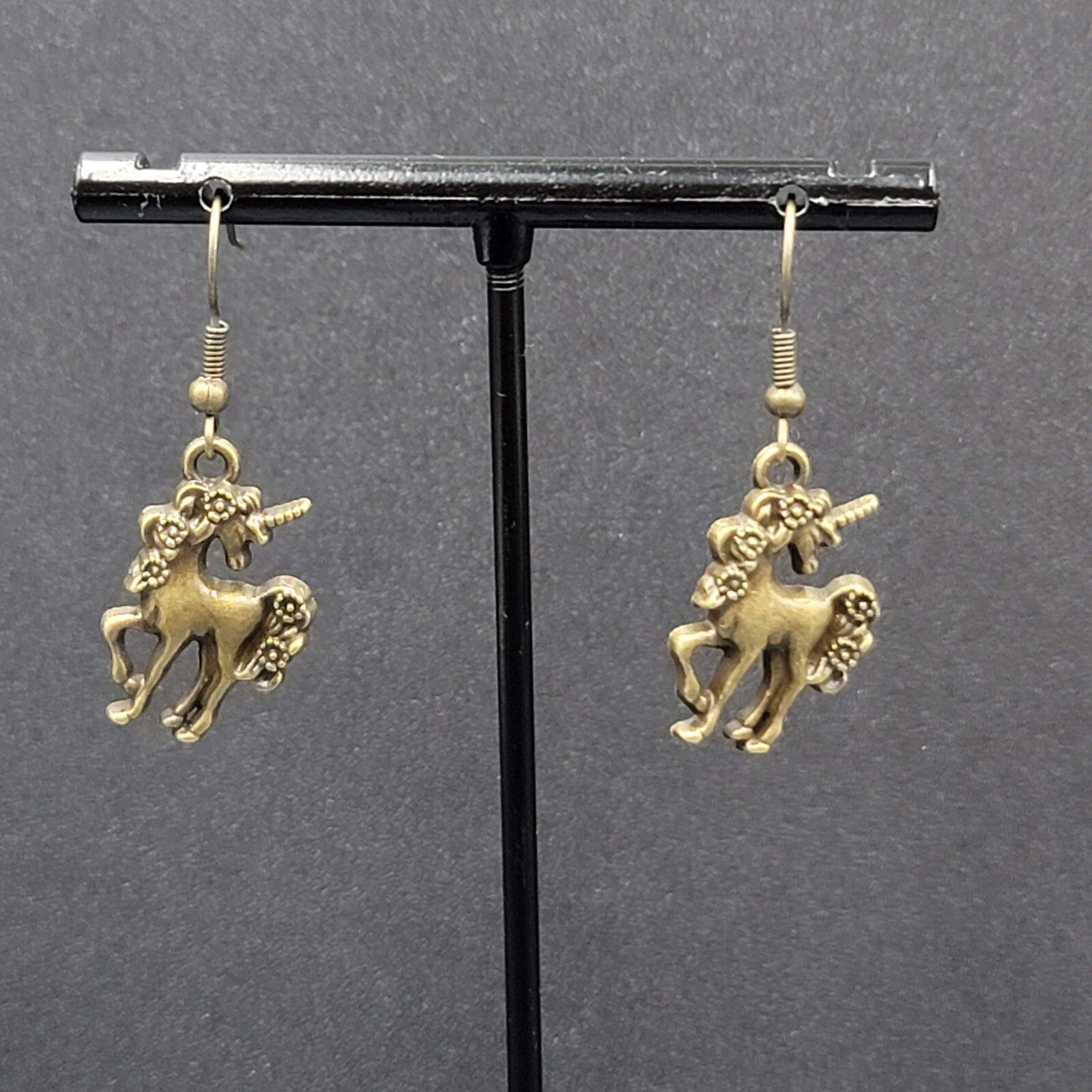 Unicorn Pierced Earrings Bronze tone Dangle 7/8" NEW
