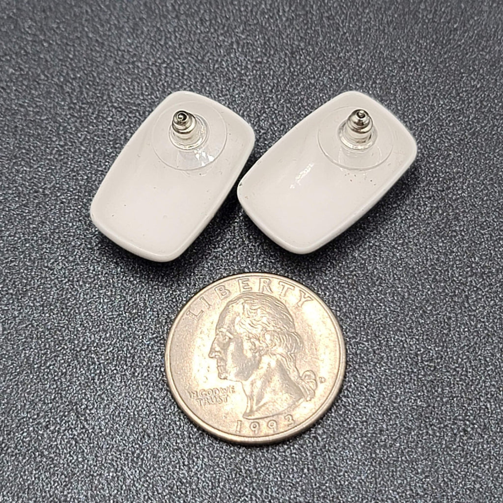 Vintage Pierced Earrings White Enamel over Metal Rectangle Drop 1"