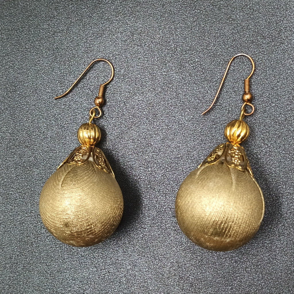 Pierced Earrings Gold tone Christmas Ornament Fabric Wrapped Ball Dangle 1 3/4"