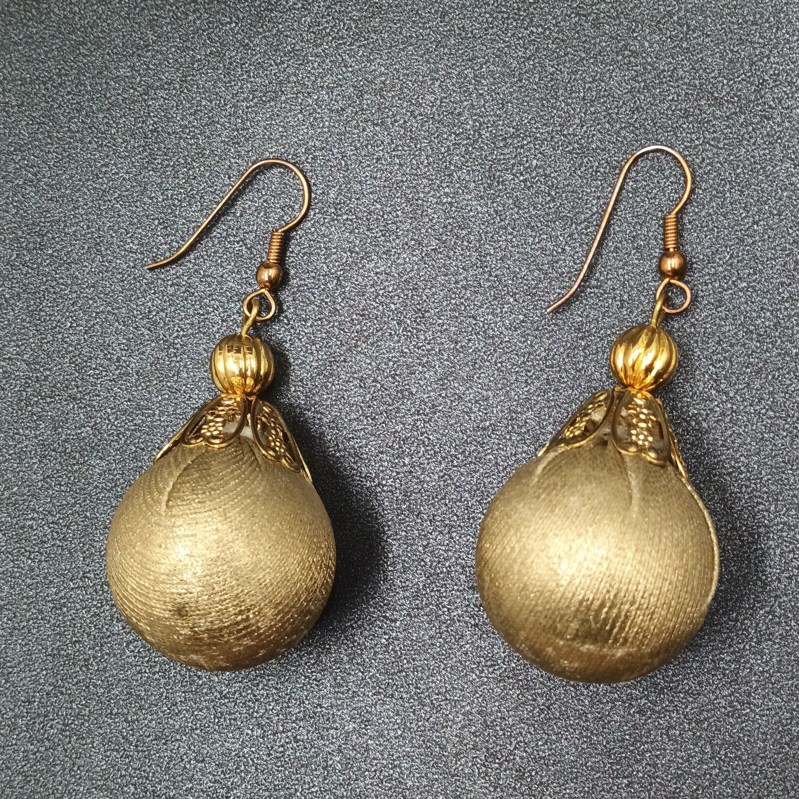 Pierced Earrings Gold tone Christmas Ornament Fabric Wrapped Ball Dangle 1 3/4"
