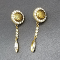 Pierced Earrings Gold tone Heart Flower Button Faceted Crystal Dangle 2 1/4"
