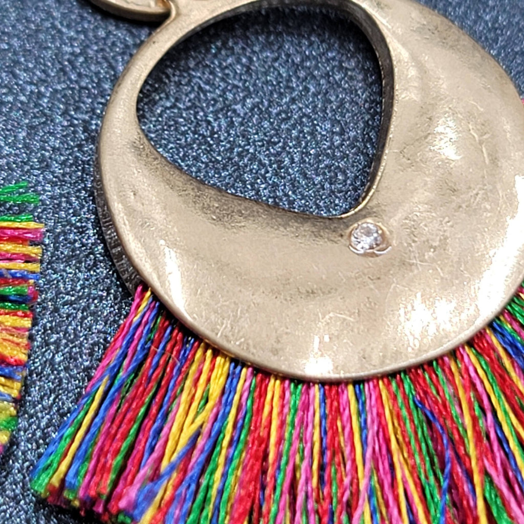 Pierced Earrings Gold tone Multicolor Tassel Boho 1.75"