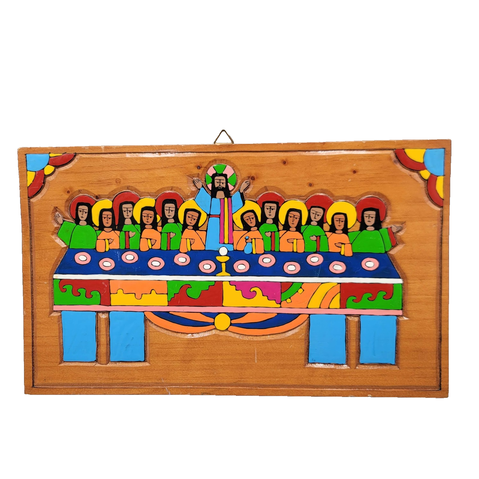 Vintage Last Supper Hand Painted Carved Wooden Wall Plaque Folk Art El Salvador
