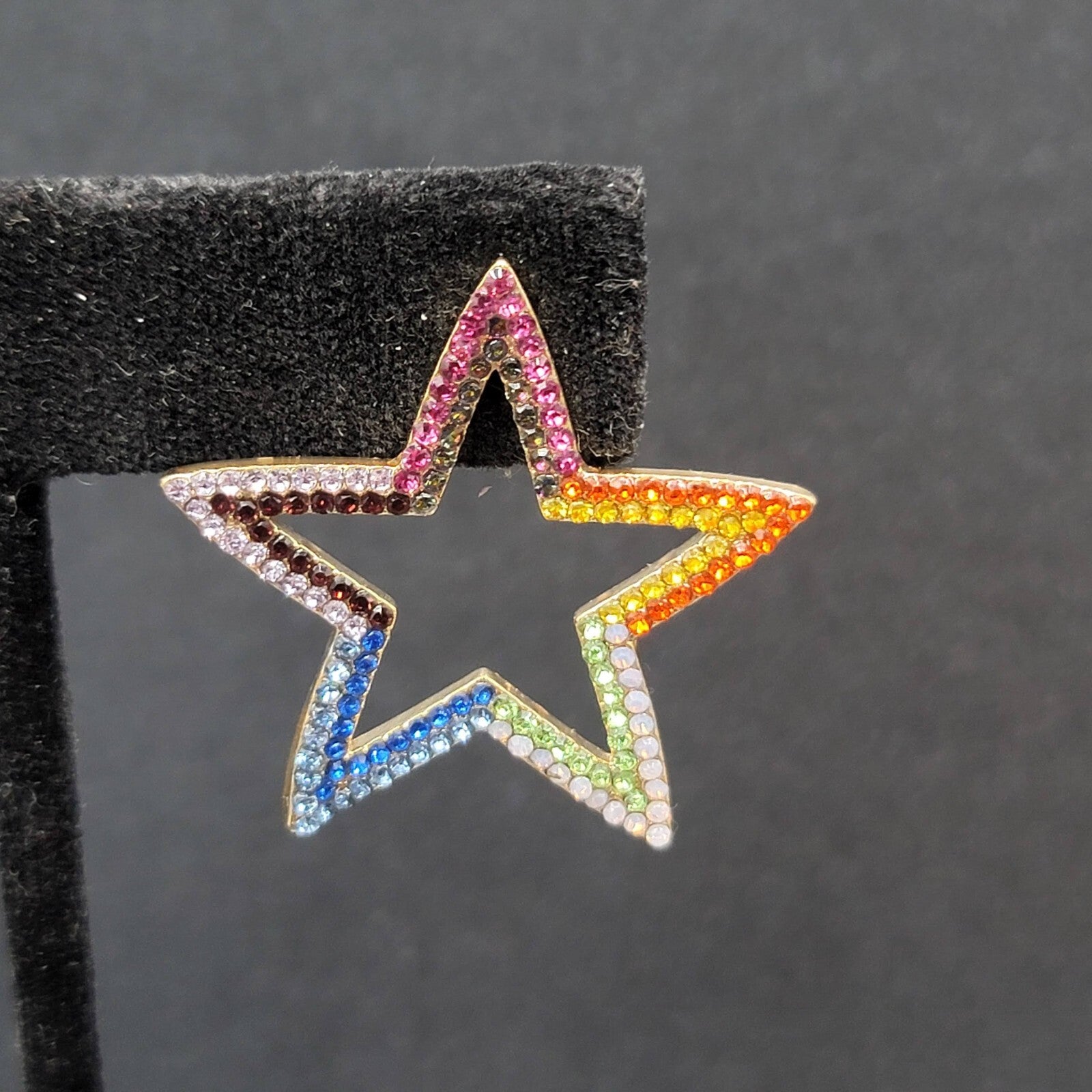 Open Star Pierced Earrings Multicolor Tiny Crystals Drop 1.25"
