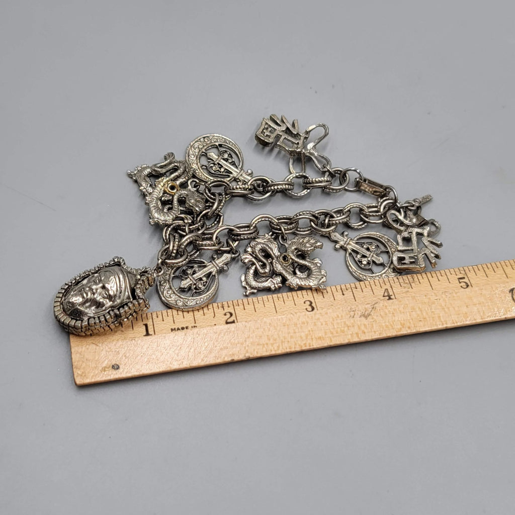 Vintage HAR HARGO Charm Bracelet Asian Silver tone Chunky 6.75 in
