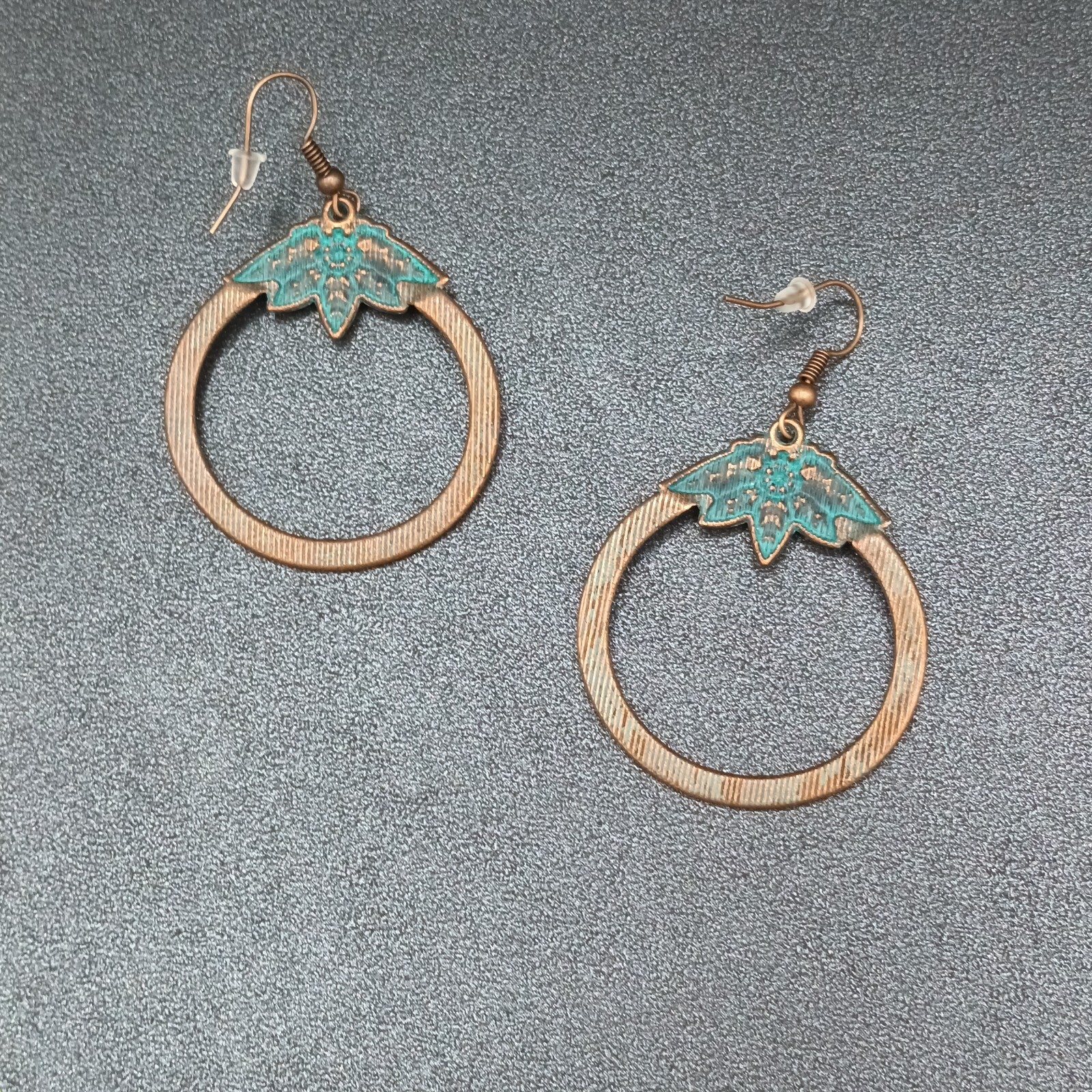 Pierced Earrings Copper tone Green Enamel Flower Open Disc Dangle Boho 1 5/8"