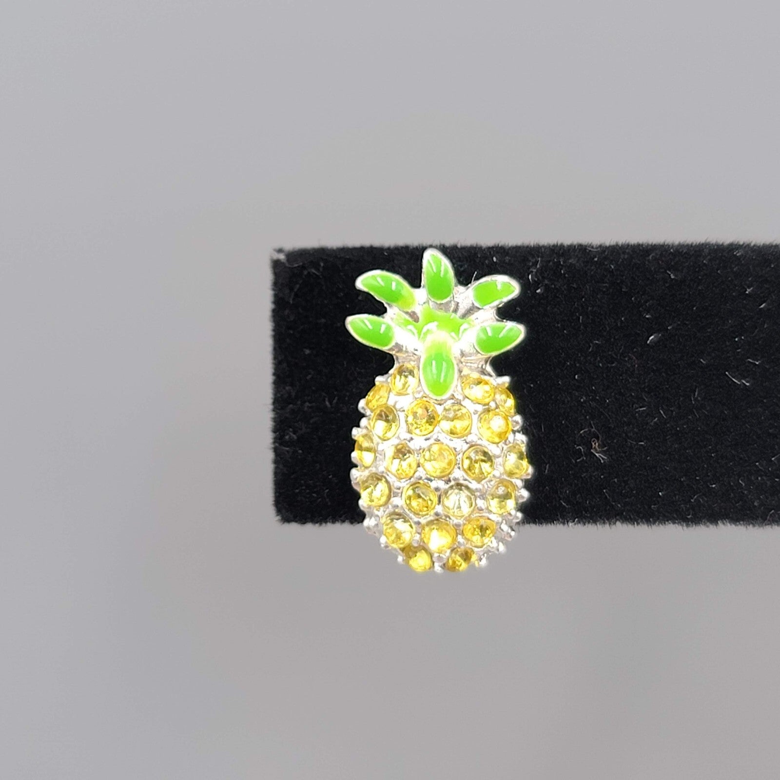 Pineapple Stud Clip on Earrings Yellow Rhinestone Green Enamel 5/8"