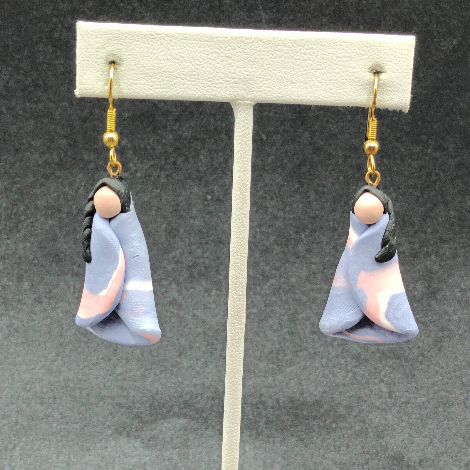 Vintage Pierced Earrings Multicolor Clay Southwest Lady Figurine Dangle 1 3/8"