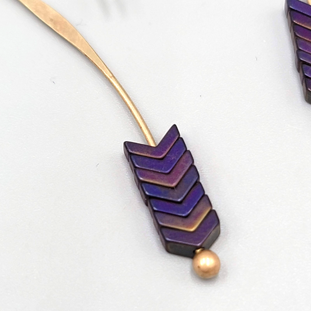 Purple Stone Thin Hook Pierced Earrings Gold tone Drop 2"