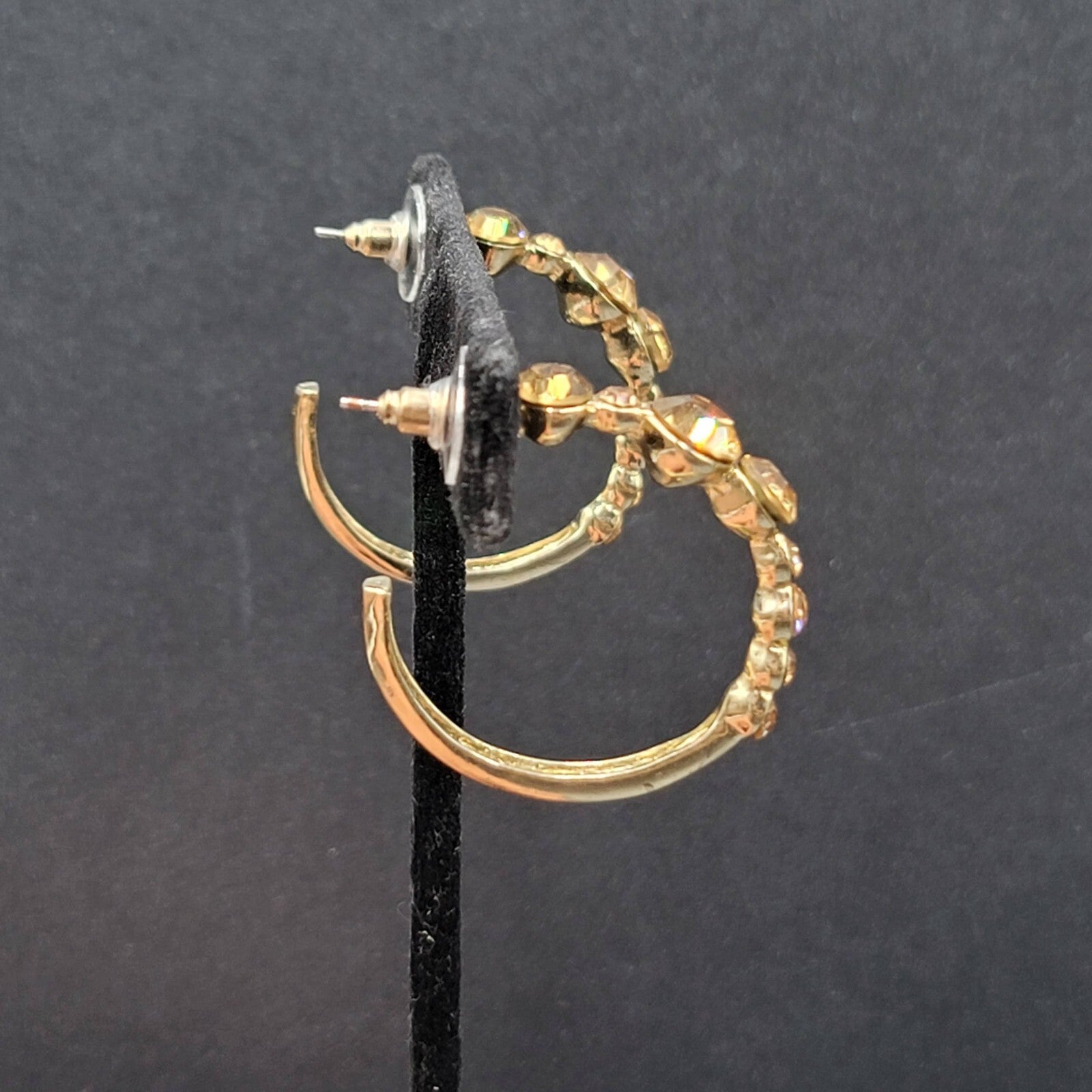 Pierced Earrings Gold tone Yellow Rhinestone Hoops 1.25"
