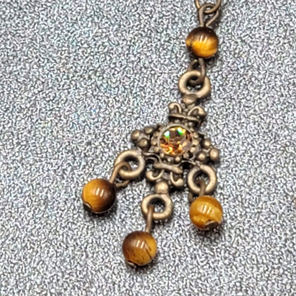 Pierced Earrings Bronze tone Tigers Eye Bead Orange Rhinestone Dangle 1.25"
