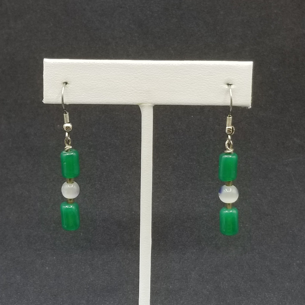 Pierced Earrings Silver tone Green Stone White Cats Eye Beaded Dangle 1"