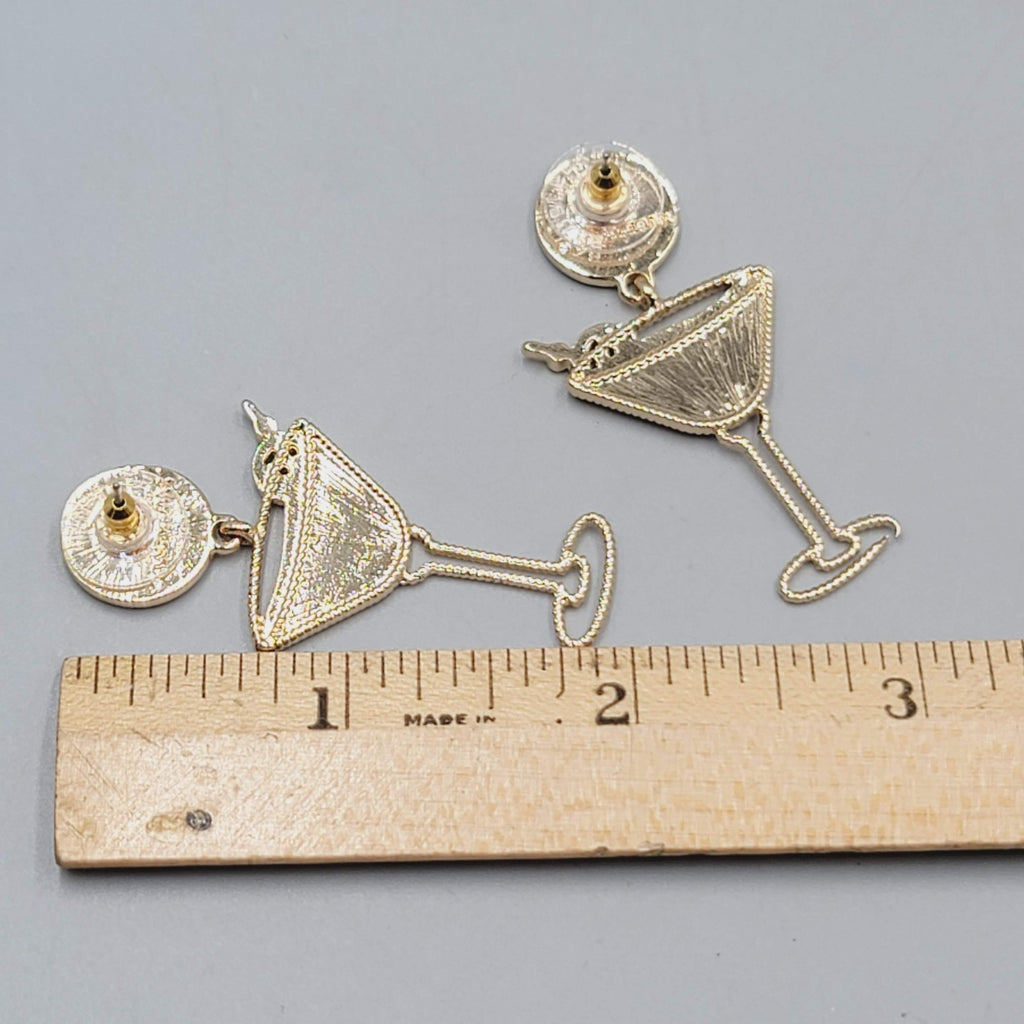 Pink Martini Cocktail Pierced Earrings Gold tone Dangle 2"