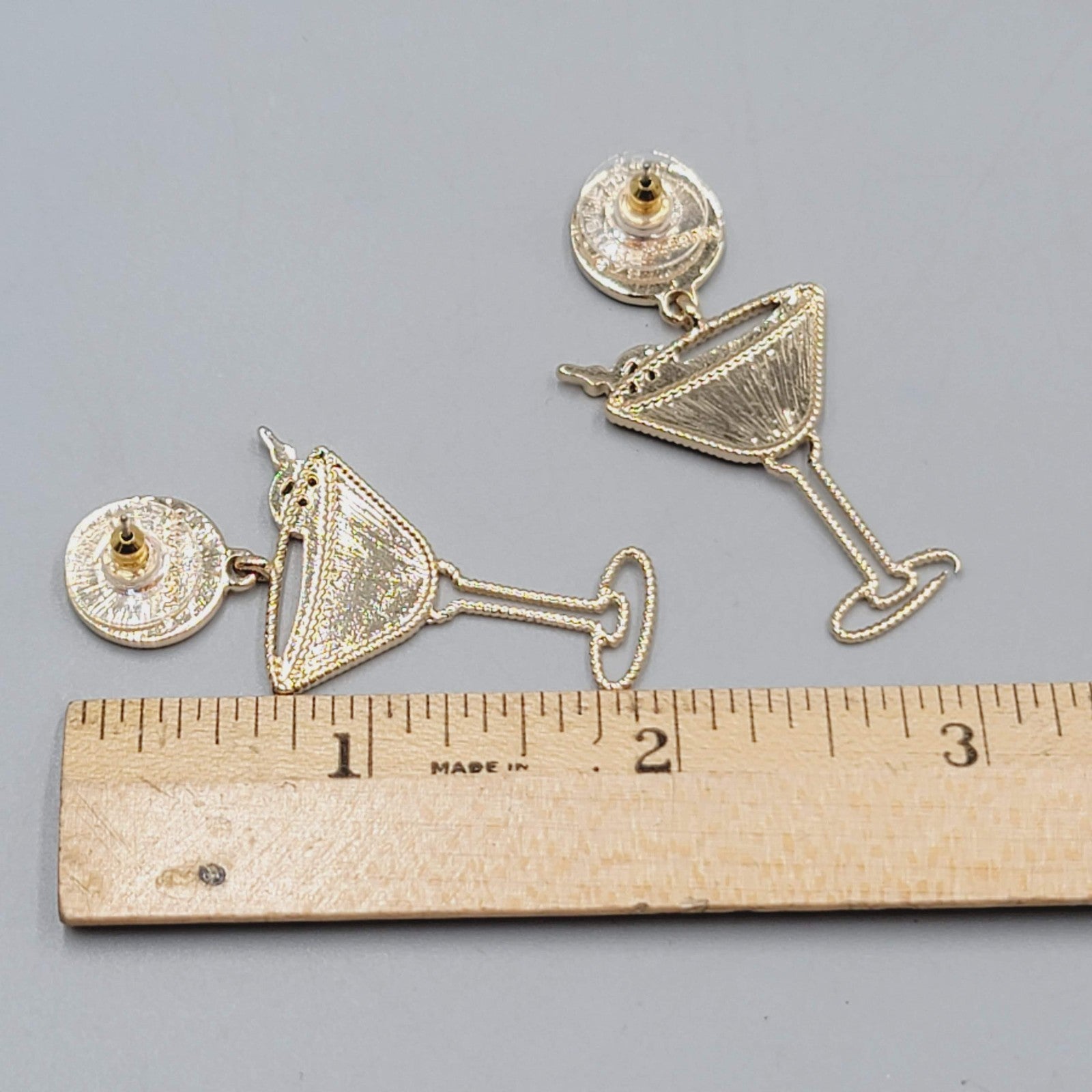 Pink Martini Cocktail Pierced Earrings Gold tone Dangle 2"