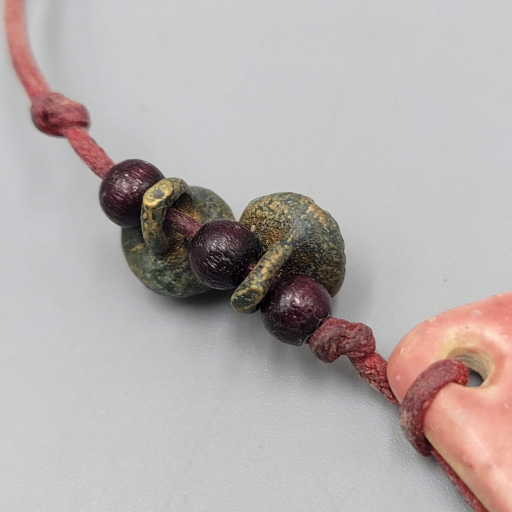 Artisan Necklace Handmade Art Pottery Bells Hand Knotted Cord 16"-18"