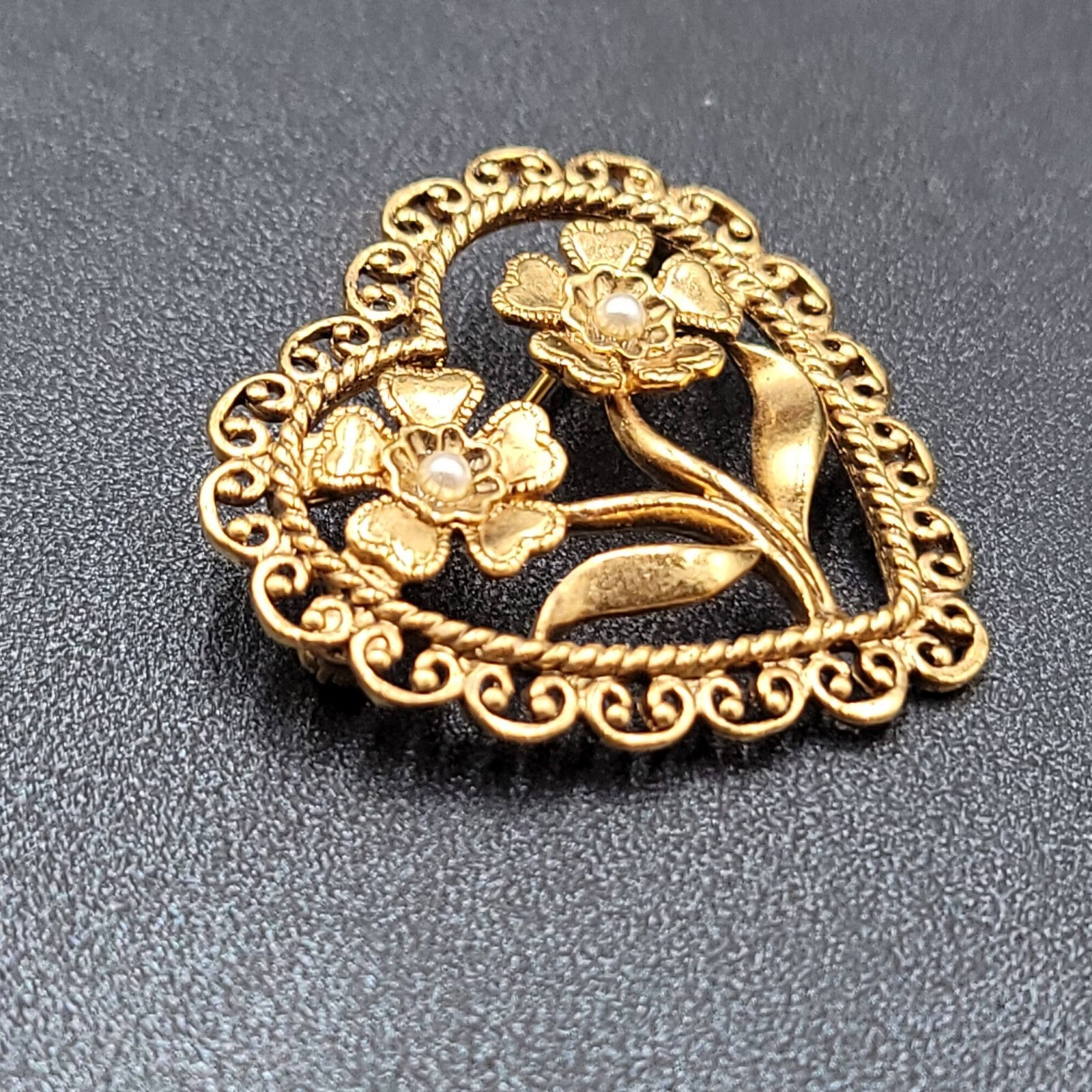Vintage Brooch Heart Two Flowers Seed Imitation Pearls Open Work 1.5"