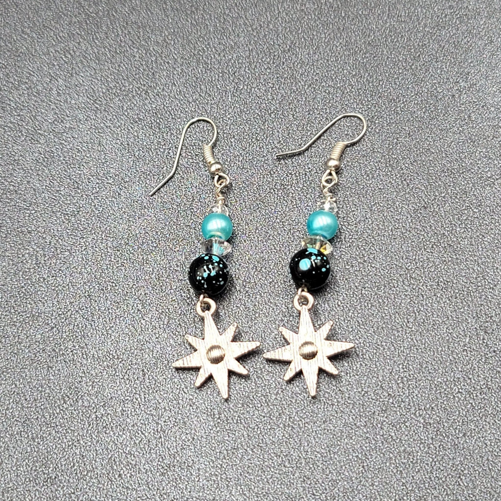 Pierced Earrings Silver tone Blue Bead Rhinestone Star Dangle 1.75"