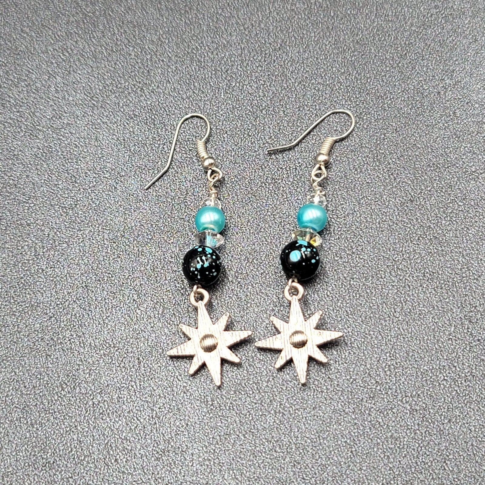 Pierced Earrings Silver tone Blue Bead Rhinestone Star Dangle 1.75"