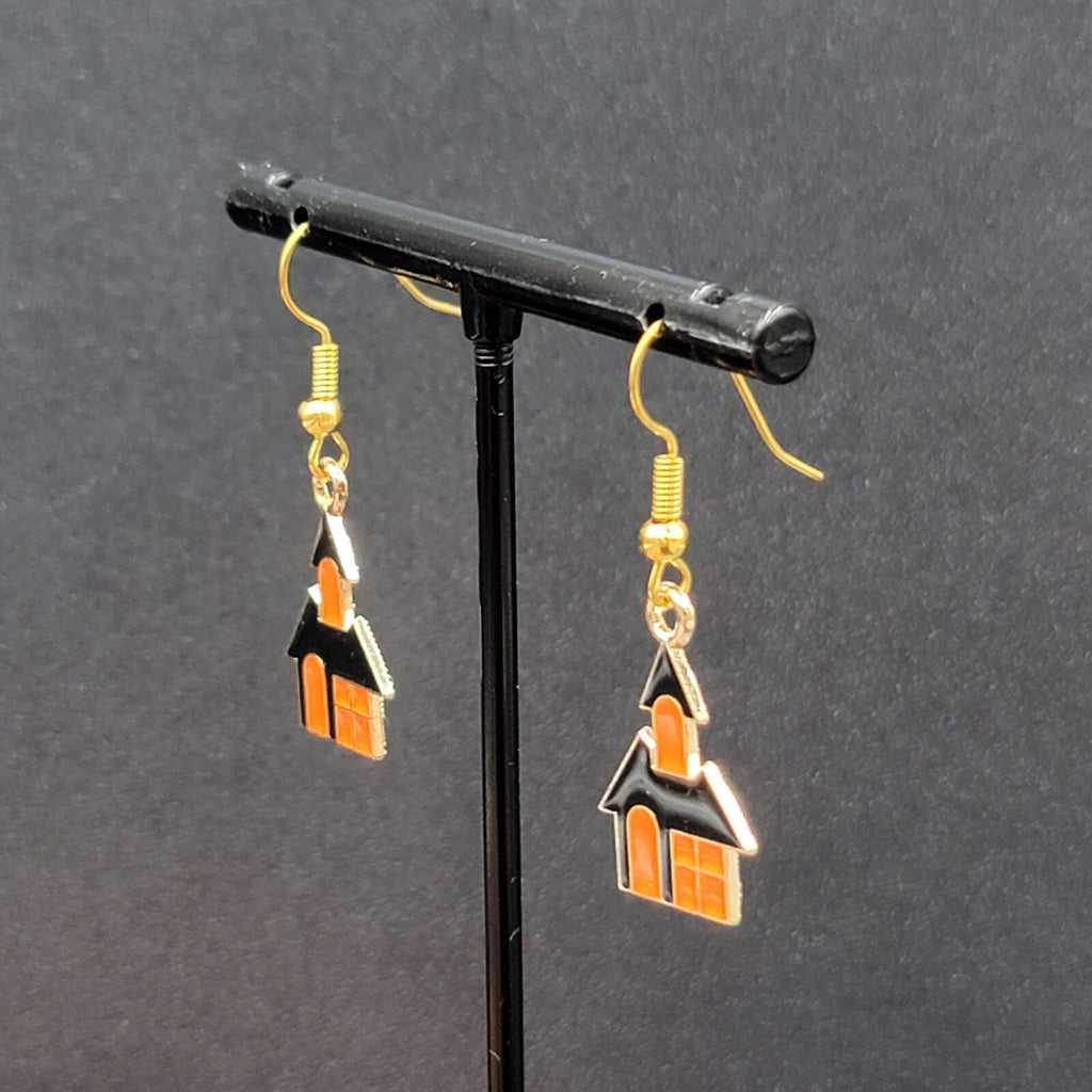 New Halloween House Pierced Earrings Purple Orange Enamel Gold tone Dangle 7/8"